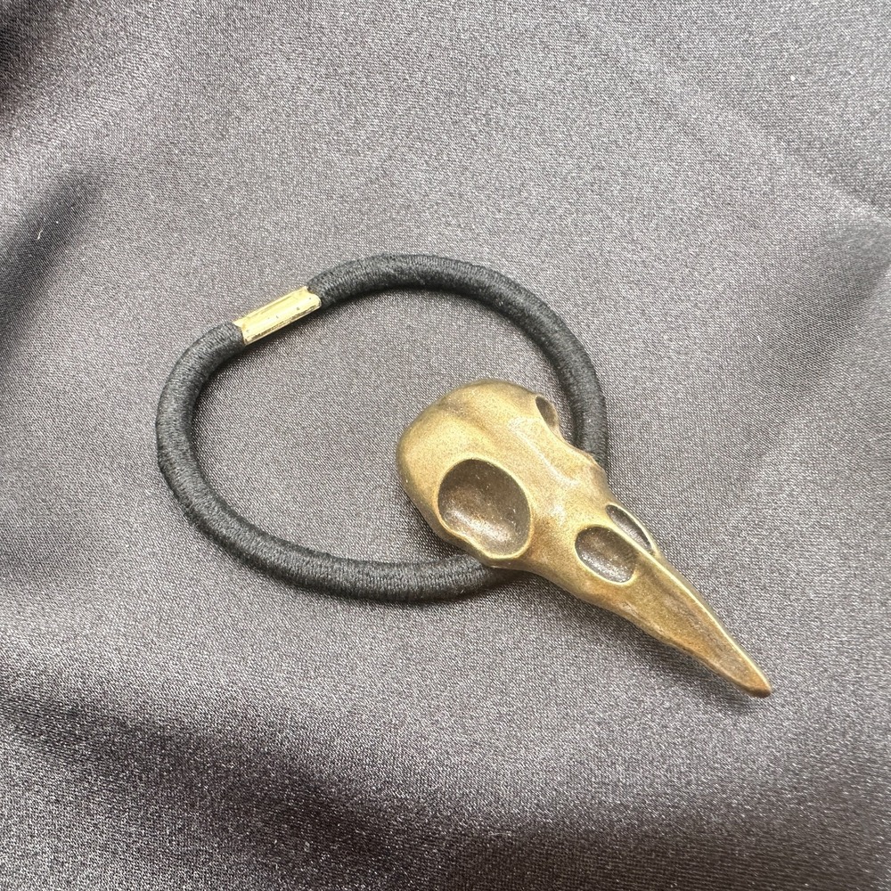 Vintage Y2K Bronze Tone Crow Skull Up Elastic Hair Band Halloween Hair Accessory - Picture 7 of 10